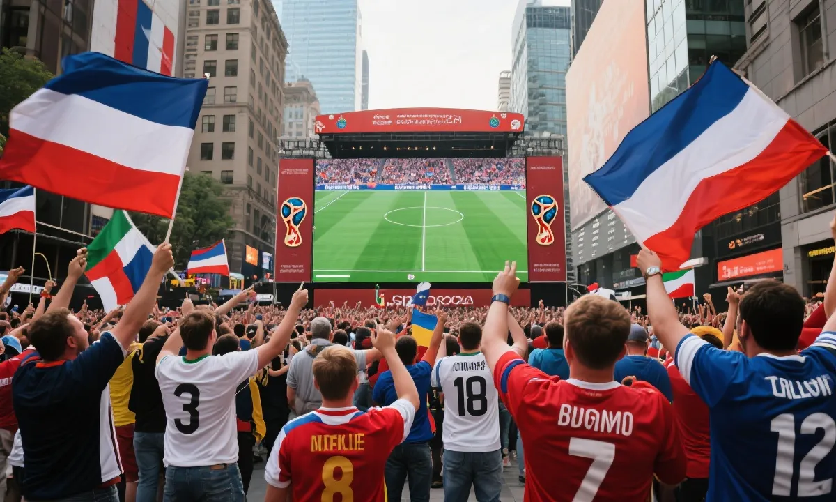 球迷在夜晚城市街头庆祝世界杯进球的激情场景