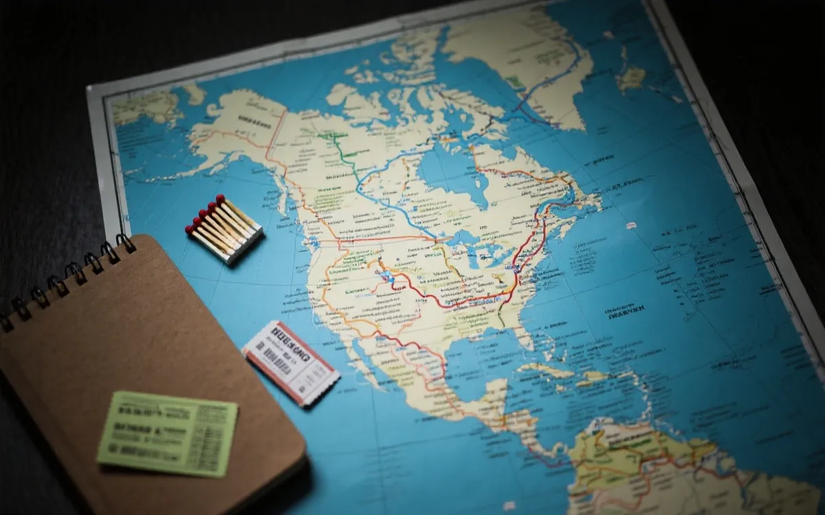 北美城市地图与旅行路线规划，手拿车票与球赛门票，桌面规划视角