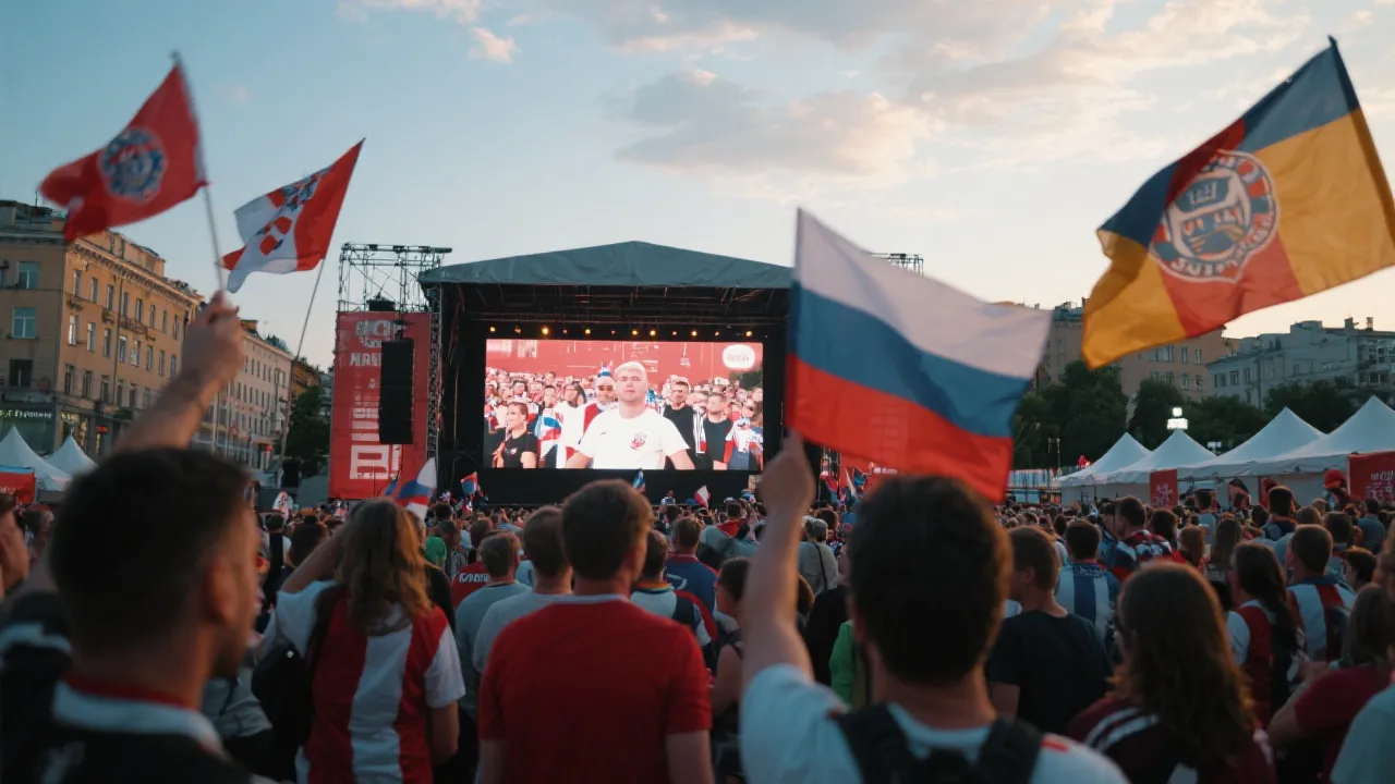 世界杯赛事周的球迷区与城市公共大屏观赛场景，用于观赛准备与商务活动布局示意